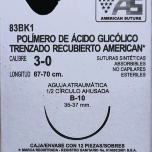 Suturas. Sintéticas absorbibles polímero de ácido glicólico trenzado con aguja. Longitud de la hebra: 67-70 cm Calibre de la sutura: 0 Características de la aguja: 1/2 círculo ahusada (35-37 mm).Envase con 12 piezas.
